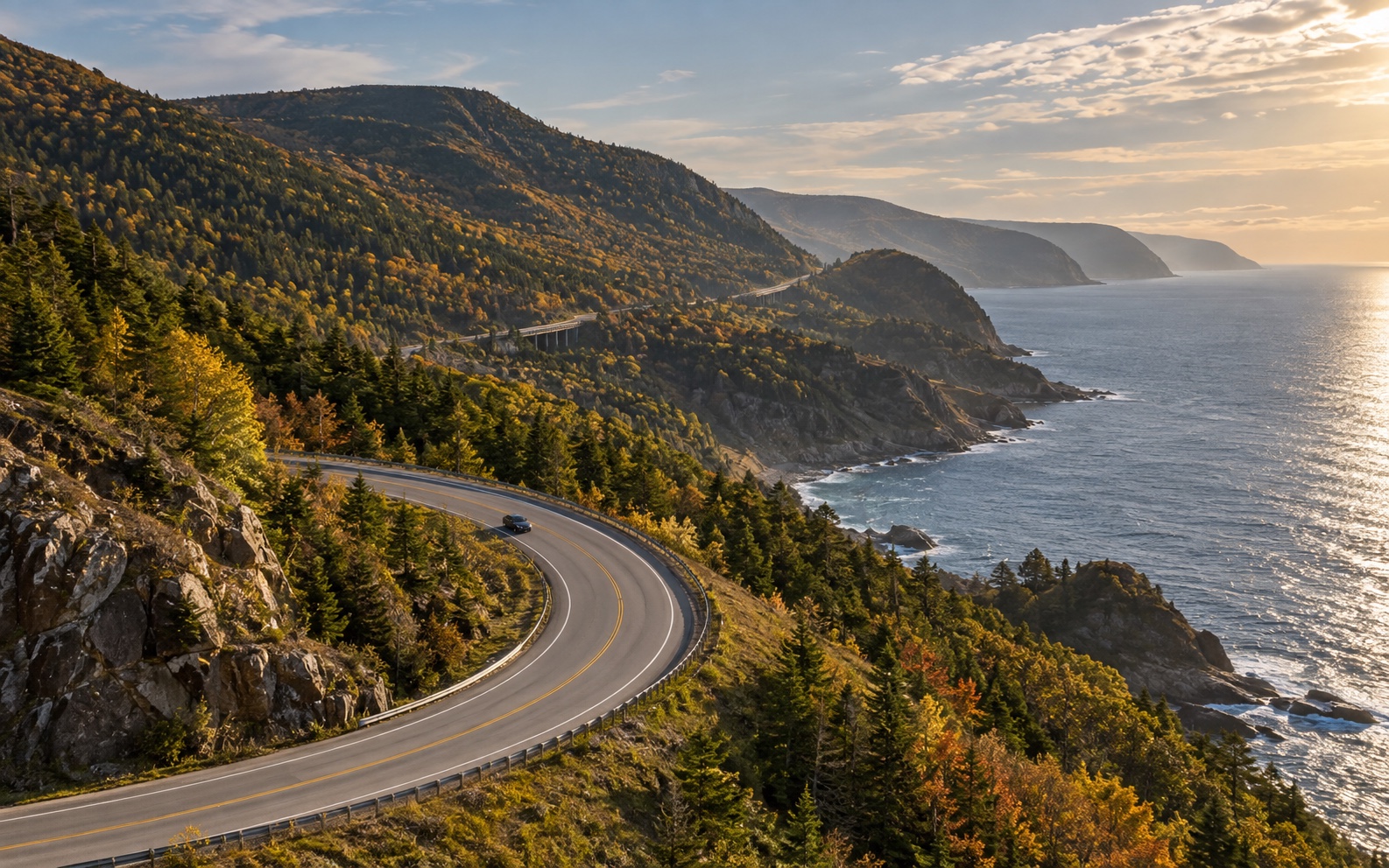 Aerial view of the Cabot Trail curving through coastal highlands